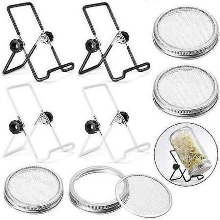 4 Pakker Rustfrit Stål Spiringsglaslåg og 4 Pakker Spiringslågsstativ Spiringsglaslåg med Si til Bredmundet Mason-Glas til