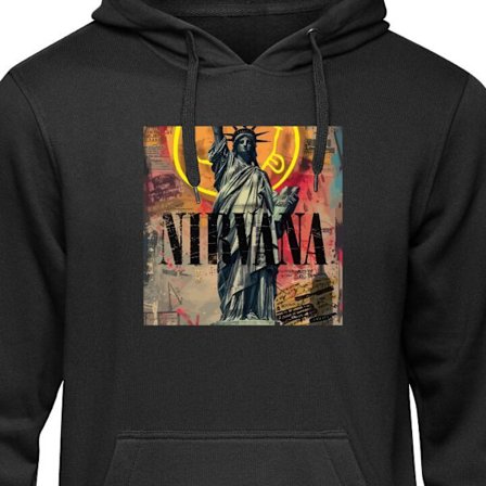 Barnehettegenser Nirvana Liberty, rockeband med grunge-design inspirert av Frihetsgudinnen og neonbakgrunn