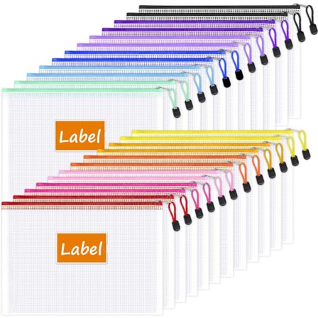 24 stk. Mesh Lynlåsposer med Etiketlomme, Lille Penalhuspose til Organisering, Gennemsigtige Plastik Penalhuse Bulk til Sko