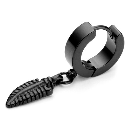 Sort Fjer Ørering til mænd - Hoop øreringe m. vedhæng