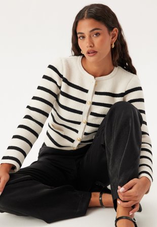 ONLY - Onllaura Life Ls O-neck Cardig - Cloud Dancer Stripes:W. Black