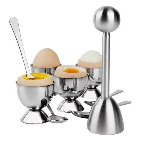 Sett med eggknekker i rustfritt stål, holder for separering av hardkokte egg, 4 skjeer, 4 kopper, 1 skall R
