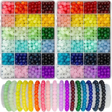 1400 stk. glasperler til smykkefremstilling, 24 farver 8 mm krystalperler armbåndssæt, 2 æsker runde perler egnet til begyndere
