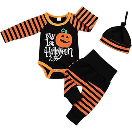 Nyfødt babygutt Min første Halloween-antrekk Gresskar romperbukse med lue Ba
