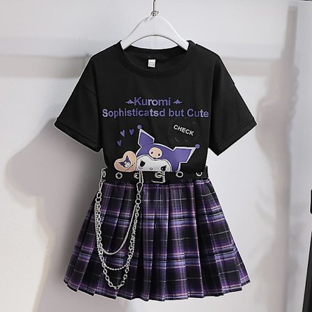 Sanrios Cartoon Kawaii Piger Hvid T-shirt Sæt Kuromi Sød Sommer Kortærmet College Jk Uniform Nederdel Børn Fashionable Nederdel