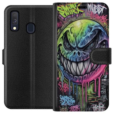Kompatibel Tegnebogsetui til Samsung Galaxy A40 Farverig graffiti illustration af en ondskabsfuldt smilende monsteransigt med dryppende neonfarver