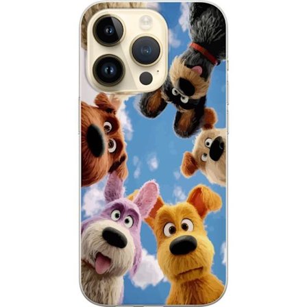 Kompatibelt Mobildeksel til Apple iPhone 14 Pro Seks søte animerte hunder sett nedenfra mot blå himmel lekent familievennlig dyremotiv