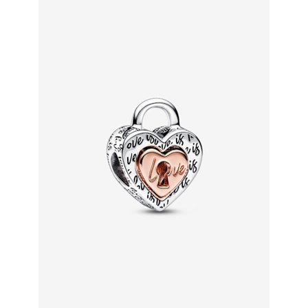 Pandora - Tvåfärgad Delbar Hjärta Berlock med Hänglås - Sterlingsilver, 14k roséguldplätering