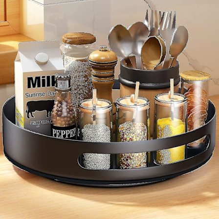 Lazy Susan, roterende hylder i metalstål, roterende køkkenskabshylde til køkkenopbevaring, skabsopbevaring, 25,4 cm, sort