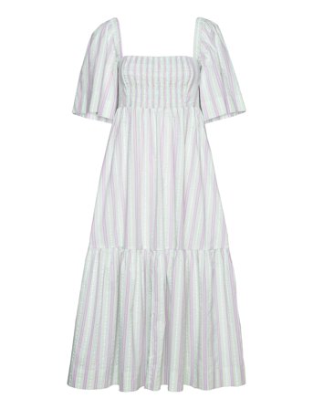 Ganni | Stripe Seersucker Ruffle Midi Dress | 34