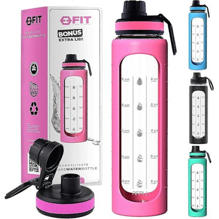 32 Oz Glass Vannflaske Med Tidsmarkør Påminnelse 1 Liter Glass Drikkeflaske, BPA Fri, (rosa Erme)