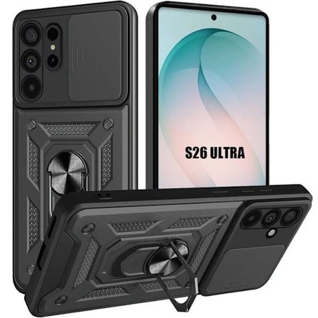 Cover til Samsung Galaxy S26 Ultra - Stødabsorberende med Ring og Skydelås til Kamera - Sort