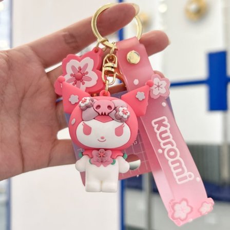 Rosa Sakura Tecknad Nyckelring, Kawaii Söta Nyckelringar Väskberlock Armband