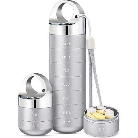 Metall Reise Pilleboks, Bærbar Vanntett Ukentlig Pilleetui, Stor Pilleholder i Aluminiumlegering, for Vitaminer/Fiskeolje/Kosttilskudd, Grå