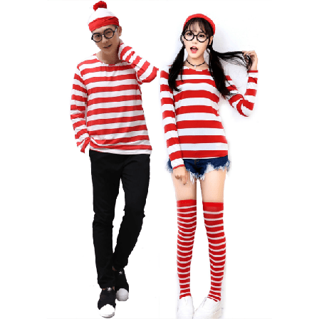 Var är Waldo nu Röda och vita ränder Cosplay-kostym Vuxen T-shirt för män Tröja+hatt+glasögon till jul Halloween festkostym Women M