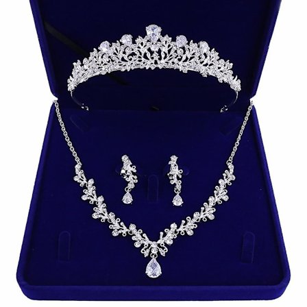 Brudkrona med zirkoner, halsband och örhängen för kvinnor (set)