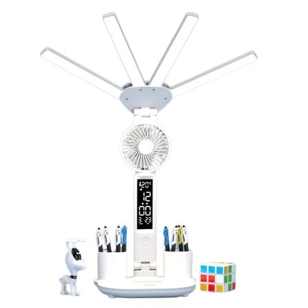 3i1 Multifunksjon Bord Lampe LED Firehodet Sammenleggbar Med Vifte Kalender Klokke USB Oppladbar Skrivebordslampe 3 farger Leselampe