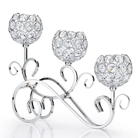 Silverfärgad S-formad ljusstake med 3 armar, kristallskålar, glas, metall, värmeljushållare, dekorativ kandelaber (stor) Silver