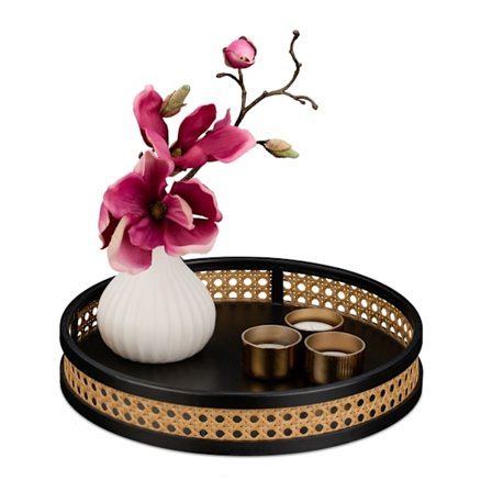 Dekorativ træbakke med rattankant – sort