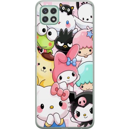 Kompatibelt Mobildeksel til Samsung Galaxy A22 5G Tett mønster av søte figurer med store øyne i ulike farger og uttrykk med LABUBU-tekst