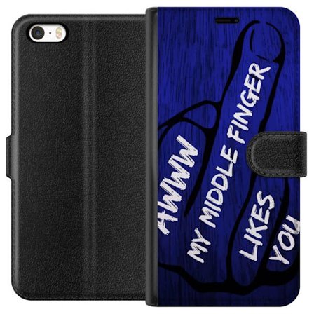 Kompatibelt Lommeboketui til Apple iPhone SE (2016) Mørk typografisk illustrasjon med hjerteform og budskap om vennskap mot dyp blå tretekstur