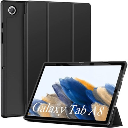 (Musta) Samsung Galaxy Tab A8 10.5-tuumainen 2021 silikoninen tablettikotelo (SM-X205N/X200N), erittäin ohut kuori, PU-nahkakotelo jalustatoiminnolla,