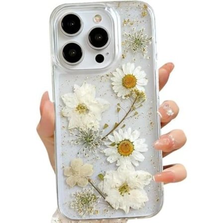 Transparent Etui med Design af Pressede Ægte Blomster, Glitter Sødt Hvidt Blomstermønster Slankt Blødt TPU Beskyttelsesetui til Kvinder iPhone16plus