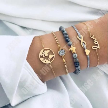 Gourmette Armband Set 5cm x 19cm Guld och Svart Marmor Läderremmar[D]