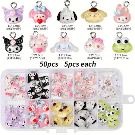 50 stk. Sanrio til hello kitty & Friends 3D-harpiksberlocker - Søde tegneseriefigurer til gør-det-selv smykkefremstilling, bedårende til kuromi, 