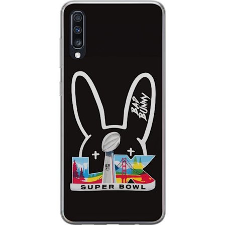 Kompatibelt Mobildeksel til Samsung Galaxy A70 Bad Bunny portrett med åpen skjorte, tatoveringer og krøllete hår i stilfull motefotografering