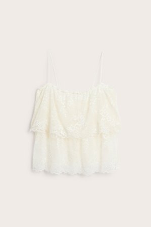 Kappahl | Koszulka koronkowa z falbanami Offwhite L | Offwhite
