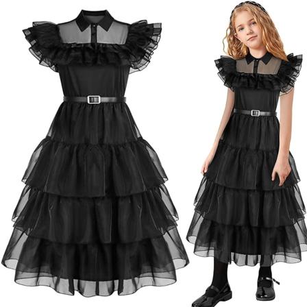 Wednesday Addams Kostumekjole Børnepige Halloween Cosplay Fest 160cm- Perfekt