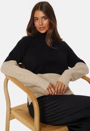 VILA Ril Blocking Roll-NK L/S Knit Top Black/Beige M Black/Beige Strikkegensere Dam