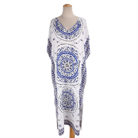 Kvinder Strand Løs Maxi Kjole Bikini Cover Up Etnisk Blomster Cirkel Trykt Tyrkisk Kaftan Sexet V-Hals Split Lang Robe Blue