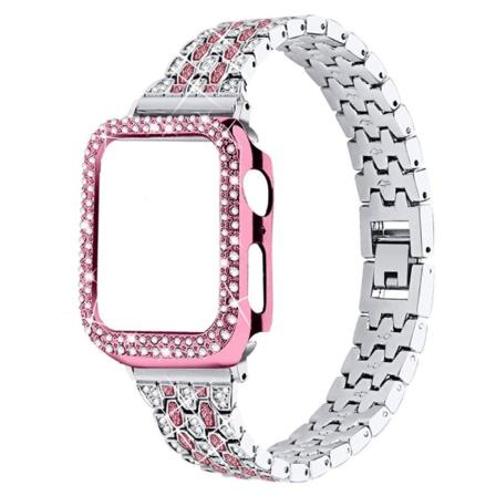 Apple Watch (45mm) viisi helmeä kiiltävä strassikivikellon hihna - Hopea / Ruusu / Ruusu Vaaleanpunainen Multicolor