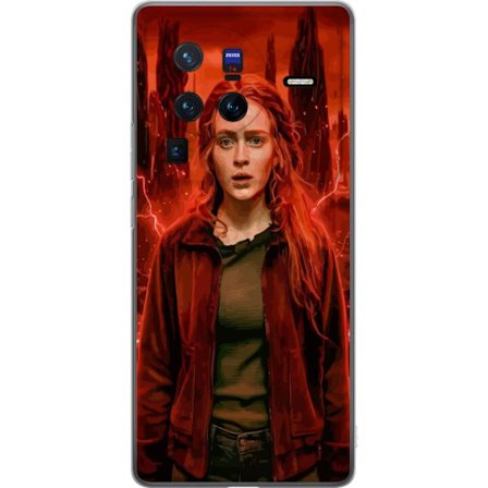 Kompatibelt Mobilskal till vivo vivo X80 Pro Porträtt av en ung kvinna med rött hår i en apokalyptisk landskap, röda blixtar och mörka klippforma