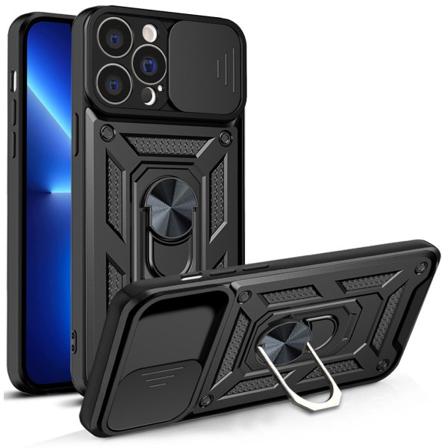 Sort iPhone 13 pro max etui med skydekamera cover og stativ, indbygget 360° roterende ringholder magnetisk etui til iPhone 12 / 13