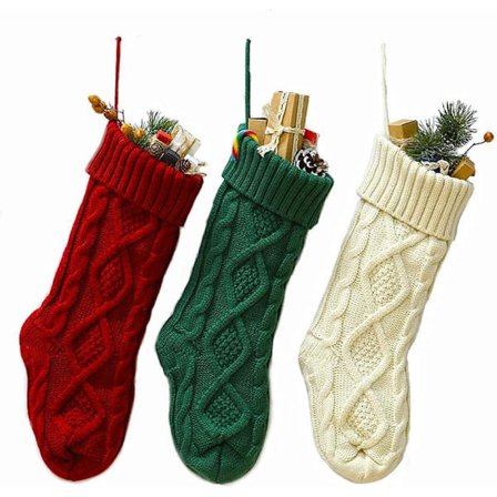 Julstrumpa 3-pack, 45 cm stor kabelstickad strumpa (röd, grön, vit)