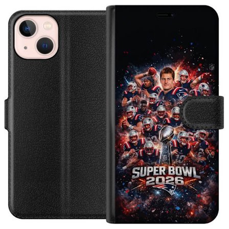 Yhteensopiva Lompakkokotelo Apple iPhone 13 mini Super Bowl 2026 juliste, jossa New England Patriots ja NFL-mestaruuspalkinto räjähtävän urheilullises