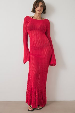 NA-KD Robe longue à volants en crochet - Robes Pull - Rouge - L (EU 42-44)