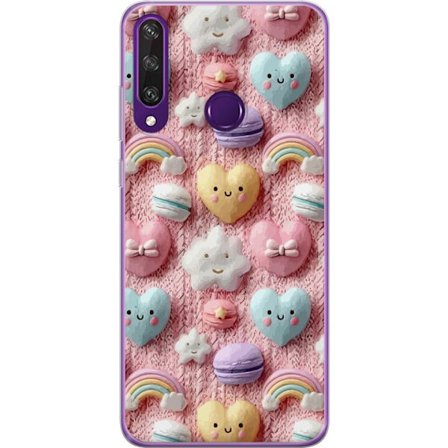 Kompatibelt Mobildeksel til Huawei Y6p Pastellmotiv med hjerter, skyer, regnbuer og makroner mot rosa bakgrunn i en søt drømmende stil.
