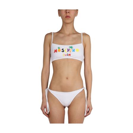 Moschino, Bikini Top With Logo Print Biały, Kobieta, Rozmiar: L