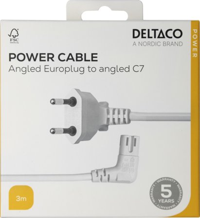 Deltaco Power cord CEE 7/16 - C7 angled, 3,0m, white