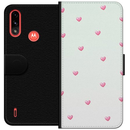 Kompatibel Tegnebogsetui til Motorola Motorola Moto E7 Power Minimalistisk mønster med lyserøde hjerter på en lysegrå baggrund, sødt og enkelt de