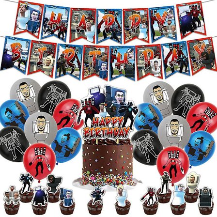 Skibidi Toilet - Syntymäpäiväkoristeet, Mukana Onnittelulippu, Ilmapallot, Kakun ja Kupkakakun Koristeet