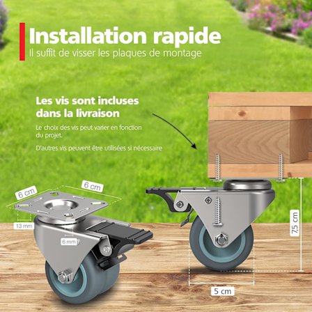 Sæt med 4 møbelhjul 50 mm - Svinghjul med bremse op til