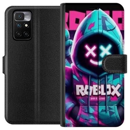 Xiaomi Redmi 10 Lompakkokotelo Roblox neonhuppari hahmokuva, missä on naamioitu hahmo sinisessä ja vaaleanpunaisessa neonväreissä, jotka luovat se