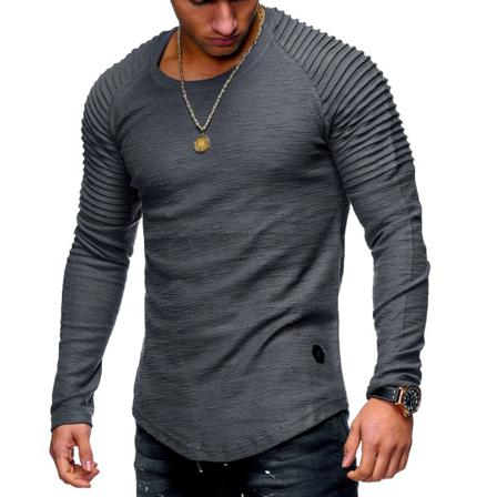 Slim T-shirt För Män Harajuku Långärmad Plisserad Solid Casual Fitn