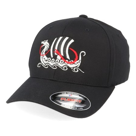 Vikings - Sort flexfit Kasket - Long Ship Black Flexfit @ Hatstore