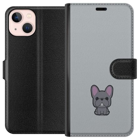 Kompatibel Tegnebogsetui til Apple iPhone 13 mini Frenchie Cutie motiv med en tegnet fransk bulldog på grå baggrund, sød minimalistisk og trendy stil